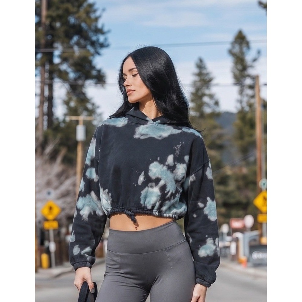 Wildfox Tie Dye Cropped Hoodie Medium Black‎ Blue Cinched Waist Sweatshirt